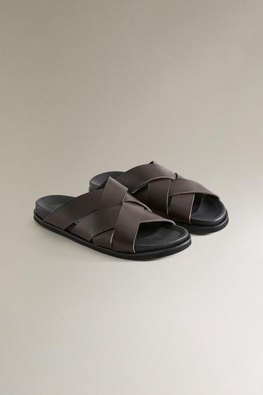 LEATHER CROSSOVER STRAP SANDALS - Brown by Zara - Image 1
