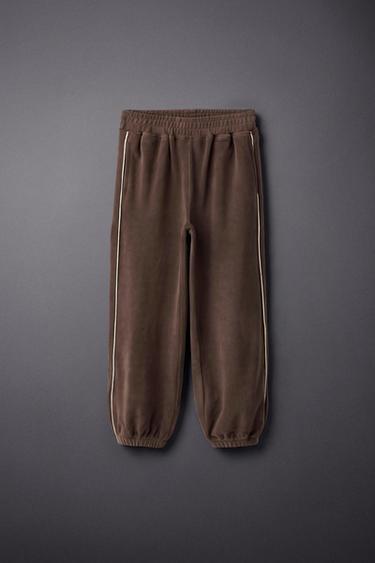 CONTRAST PIPING FLEECE LINED PANTS — Brown 1