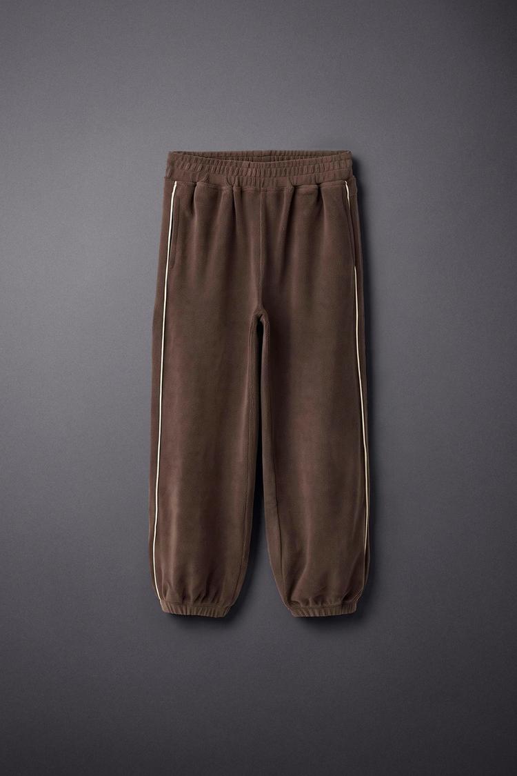 CONTRAST PIPING FLEECE LINED PANTS — Brown