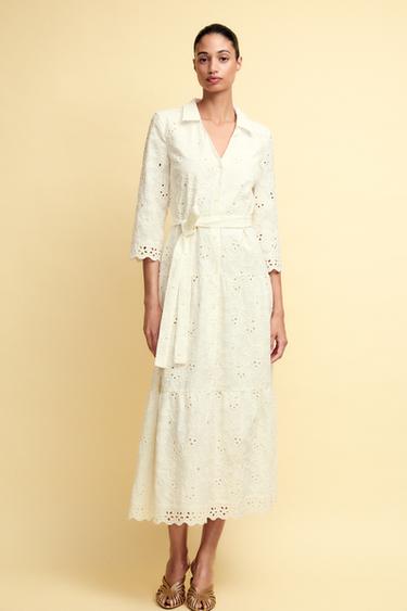 فستان قميصي بتطريزات ZW COLLECTION - أبيض الخاص بـ Zara