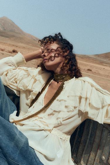 Zara ZW COLLECTION LACE RUFFLE BLOUSE - Ecru