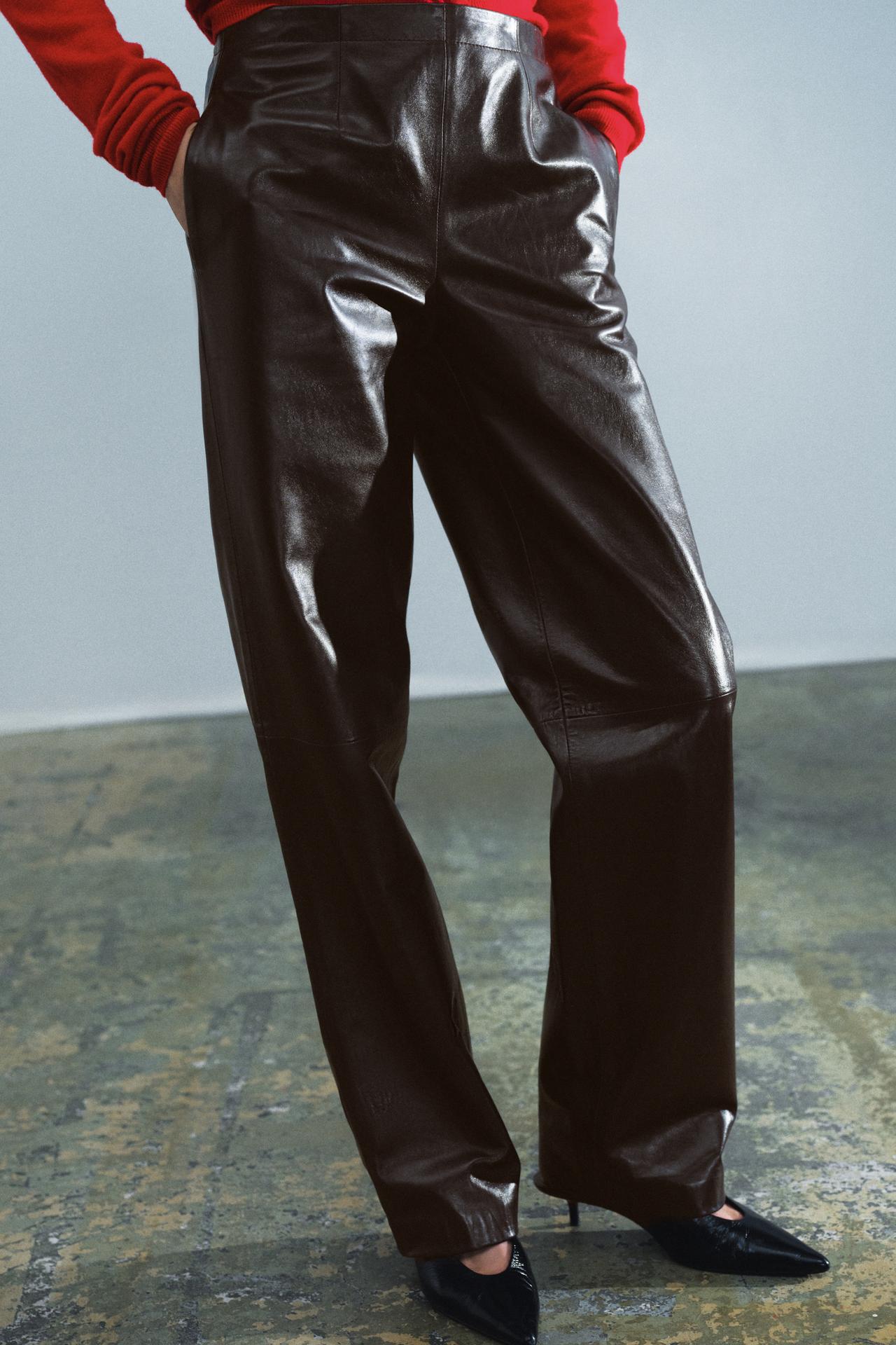 ZW COLLECTION 100% LEATHER TROUSERS — Dark brown
