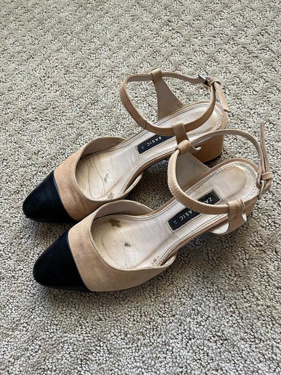 COMBINED MID-HEEL LEATHER SLINGBACK SHOES