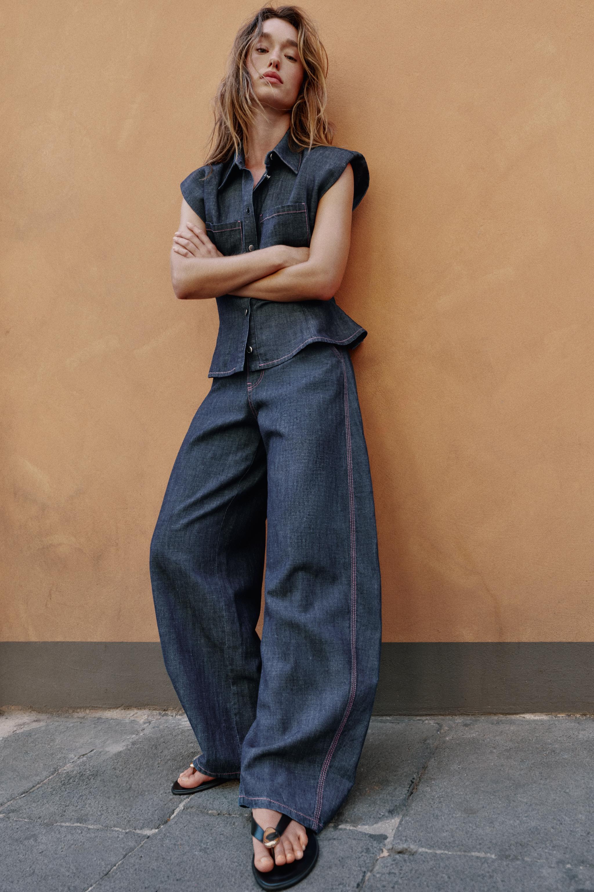Женские брюки Zara LINEN BLEND SHIRT WITH SHOULDER PADS AND BARREL PANTS SET