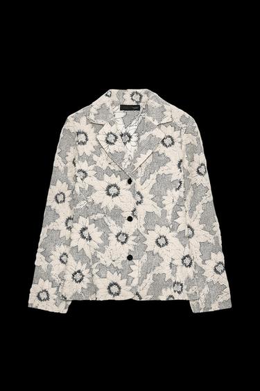 Zara TEXTURED KNIT FLORAL BLAZER - Ecru / Black