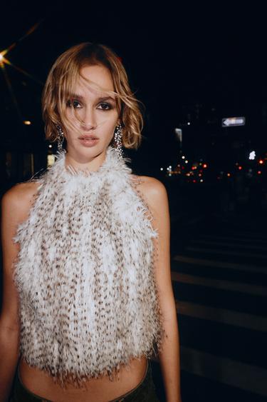 Zara FAUX FUR HALTER TOP - Ecru / Marl