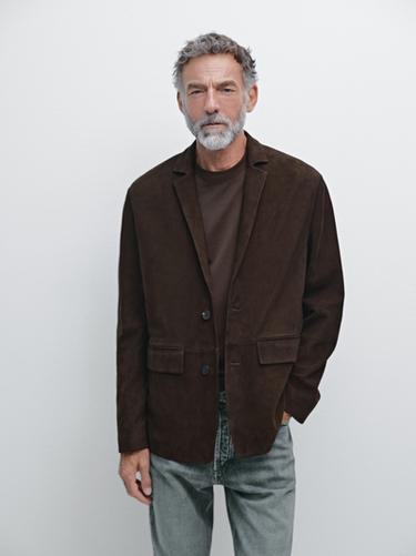 Zara Suede leather blazer with seam details - Dark brown