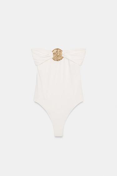 Zara METALLIC BANDEAU SWIMSUIT - Ecru