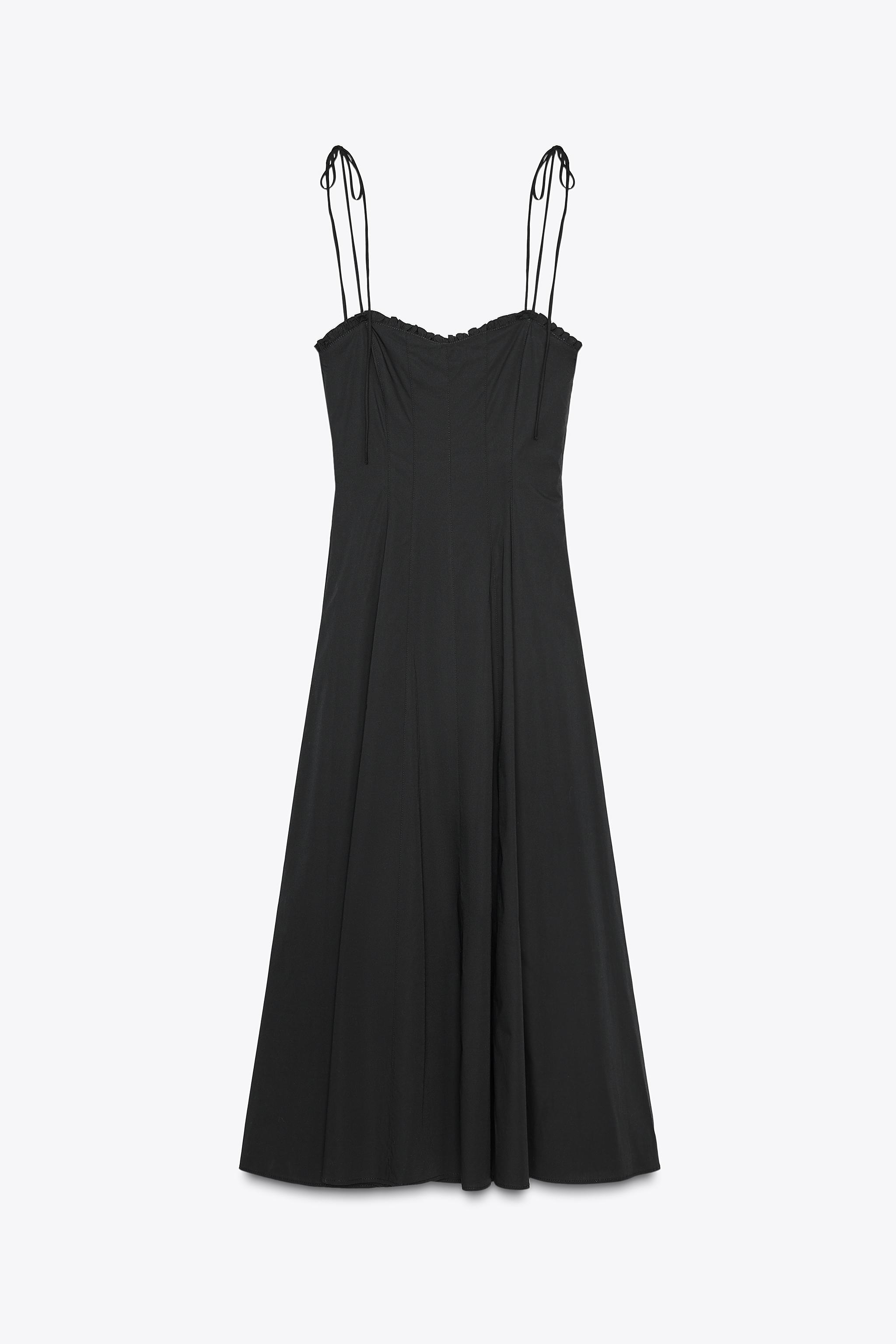 ZARA ポプリンフリルミディワンピース 8216/035 ポプリンフリルミディワンピース - ブラック | ZARA Japan / 日本