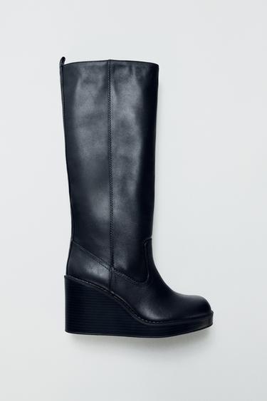 Zara LEATHER WEDGE HEEL BOOTS - Black
