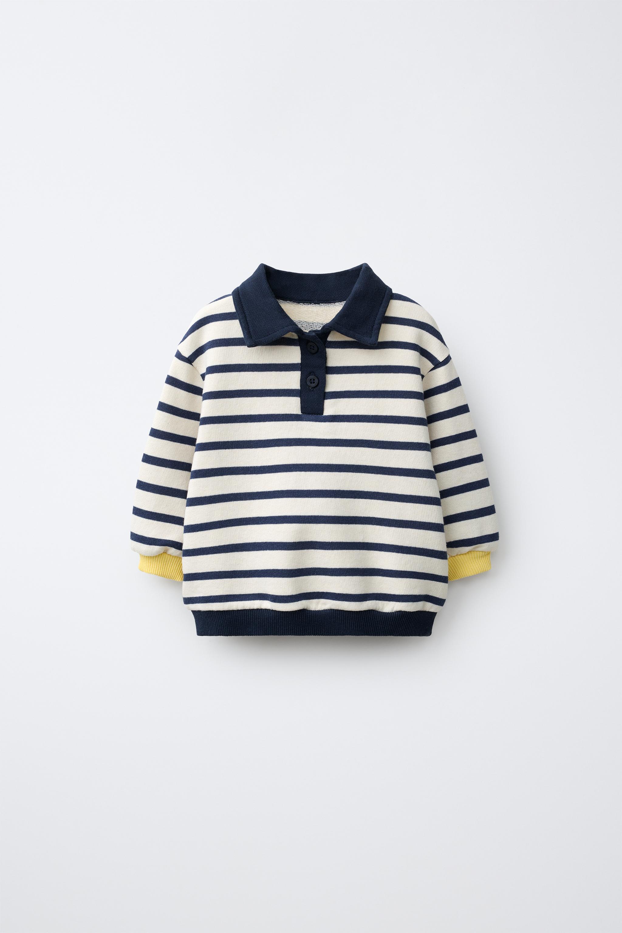 STRIPED POLO SWEATSHIRT — Ecru / Blue