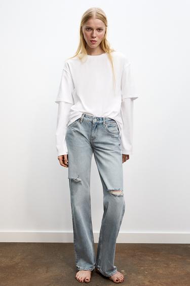 Zara TRF WIDE LEG RIPPED LOW RISE JEANS - Blue gray