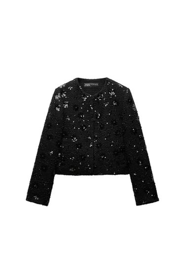 Front view of a black sequin jacket with a crew neck.