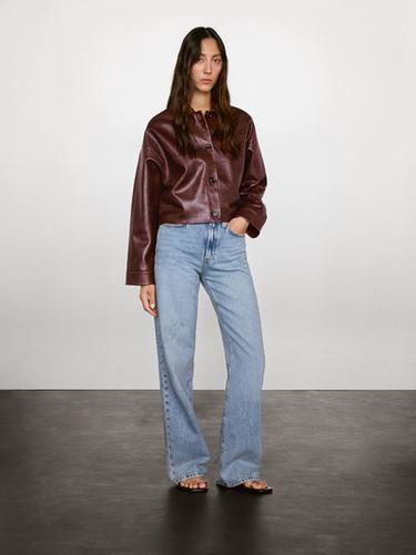 Zara Short shiny nappa leather jacket - Burgundy - Image 0