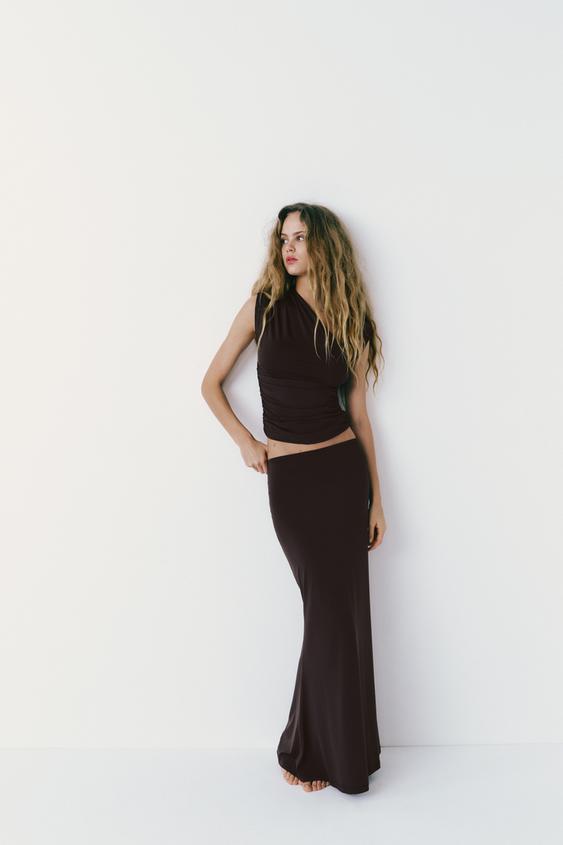 Topshop Tall leather look denim styled maxi skirt in black