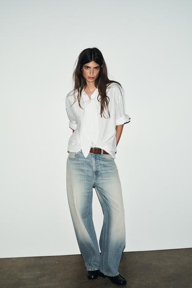 Zara OVERSIZED POPLIN SHIRT WITH LACE TIE - White