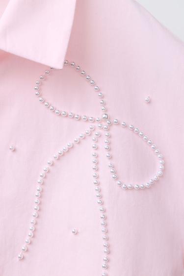 POPLIN SHIRT WITH FAUX PEARL BOW - Pink by Zara - Image 2