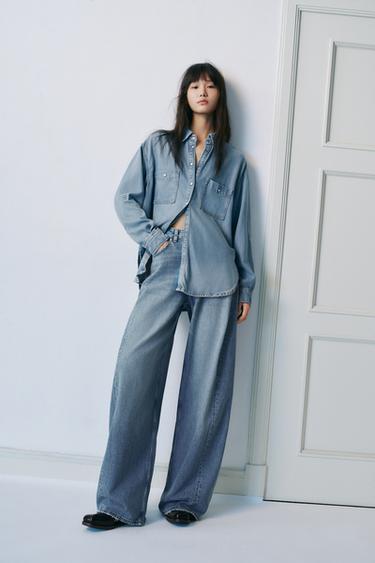 Zara TRF 高腰加大燈籠版牛仔褲 - 藍色