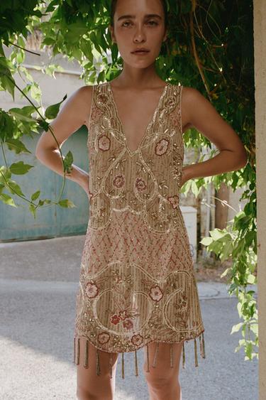 LIMITED EDITION BEADED SEQUINNED FRINGED DRESS - Grey / Tan by Zara
