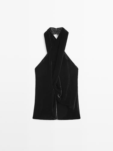Top à encolure américaine en velours - Noir de Zara