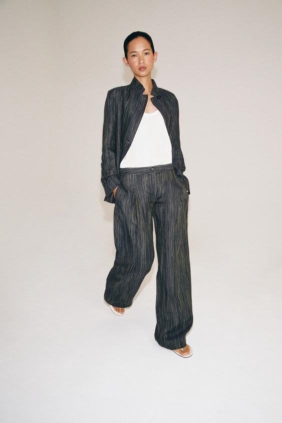 ZW COLLECTION STRIPED LINEN TROUSERS - Blue grey by Zara - Image 0