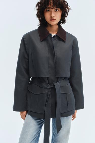 WAXED PARKA WITH CORDUROY COLLAR - Navy blue by Zara