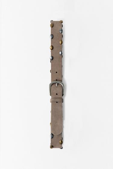 Zara 100% SUEDE LEATHER BELT WITH STUDS - Beige
