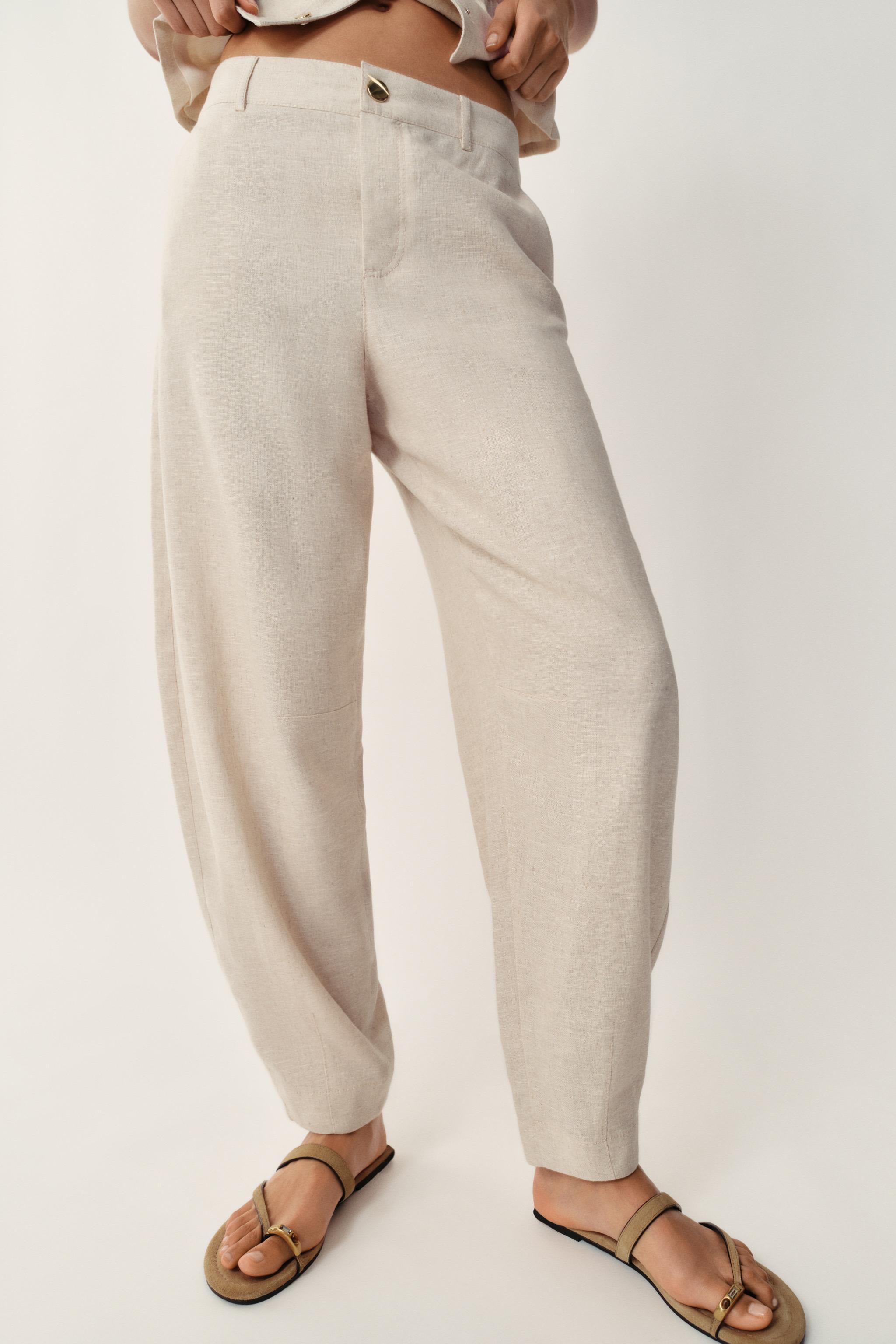 LINEN BLEND BARREL PANTS — Light beige
