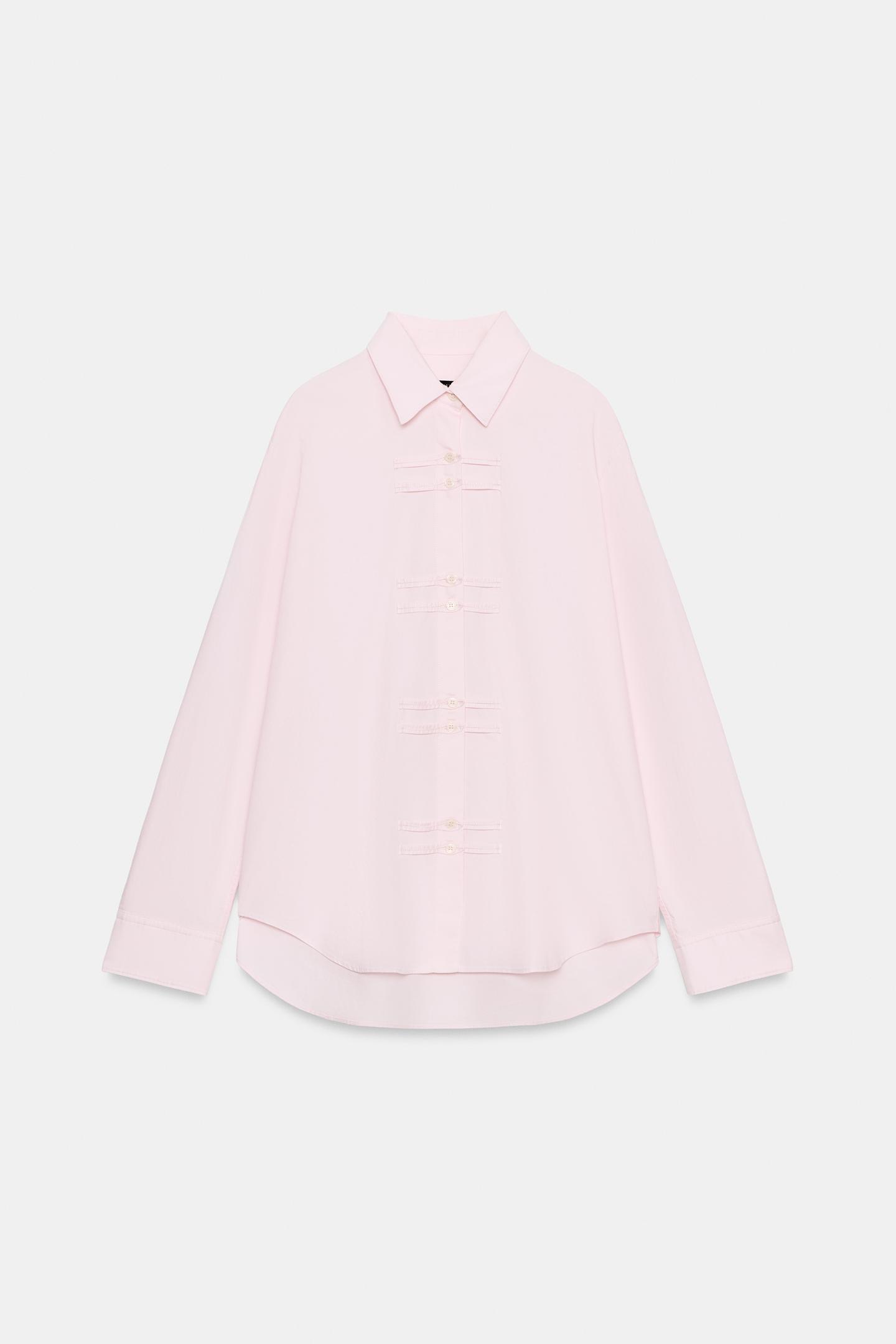 Женская рубашка Zara ZW Collection Oxford Frog Fastening, цвет: Розовый — фото 6