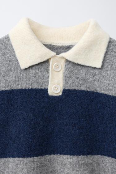 PULL POLO EN MAILLE À RAYURES - Gris / Bleu de Zara - Image 2