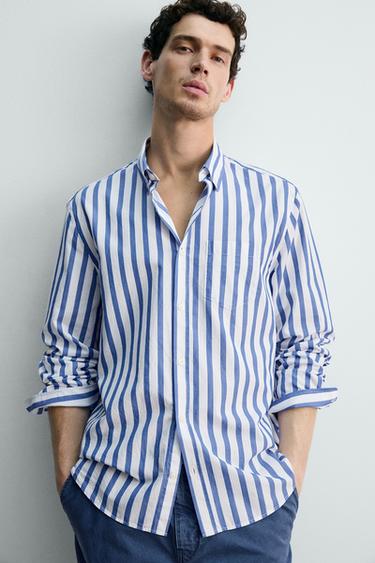 CHEMISE REGULAR FIT À RAYURES - Bleu / Blanc de Zara - Image 4