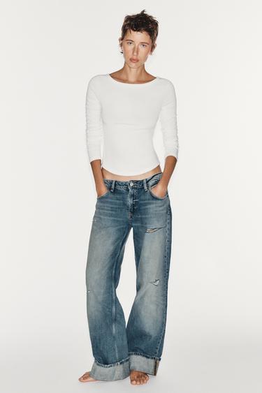 Zara TRF LOOSE LOW-RISE FOLDED HEM JEANS - Blue