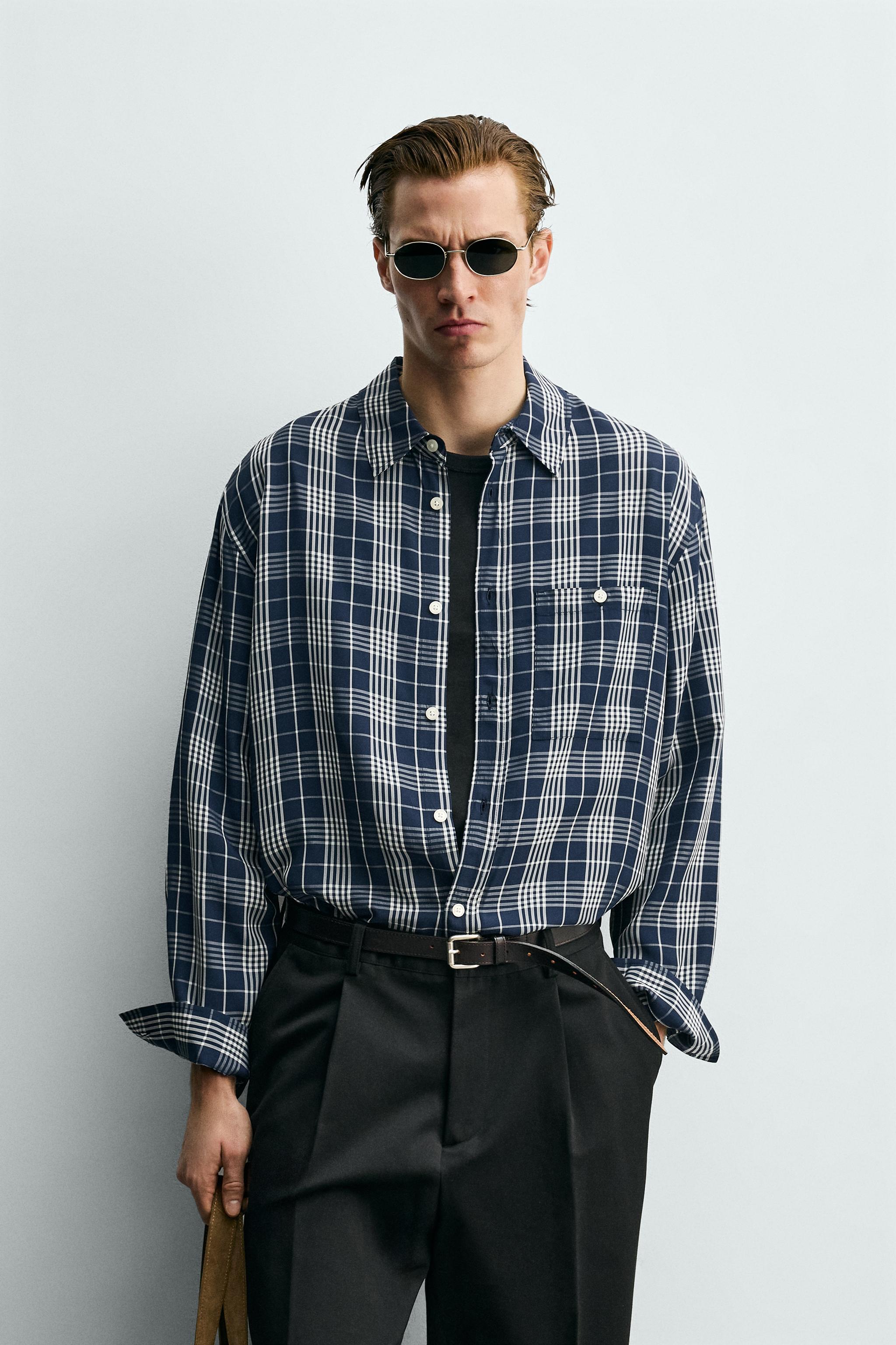 FLOWING CHECK SHIRT — Navy / White