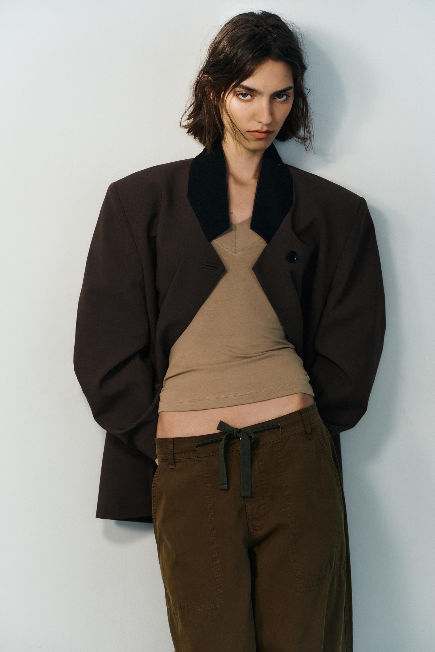 Женский пиджак Zara Contrast Collar Oversized, цвет: Тёмный коричневый — фото 2