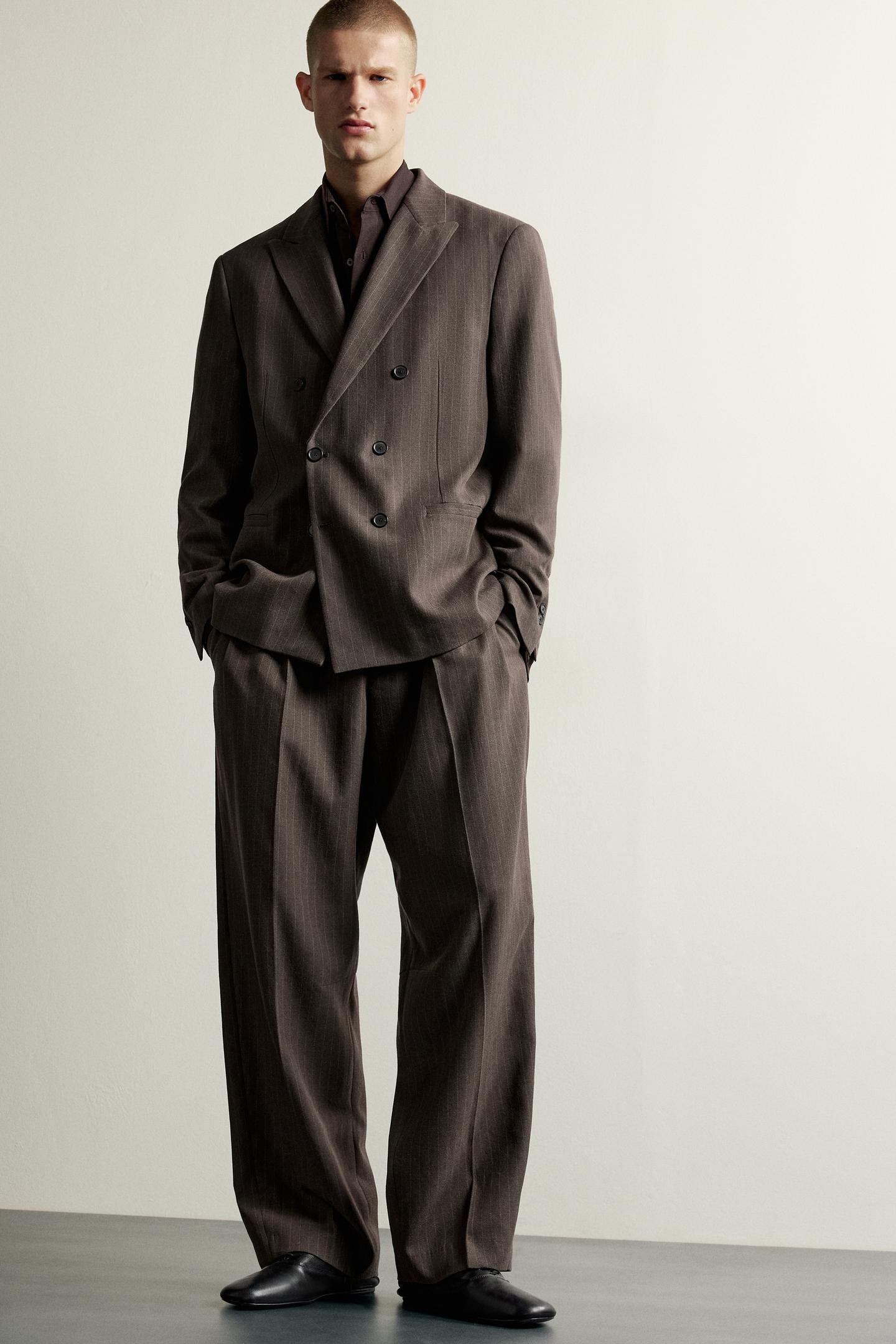 Мужские брюки Zara Pinstripe Pleated Suit, цвет: Коричневый — фото 7