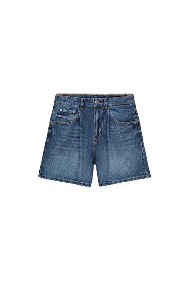 SHORTS DENIM بخصر عالٍ من تشكيلة ZW - أزرق الخاص بـ Zara