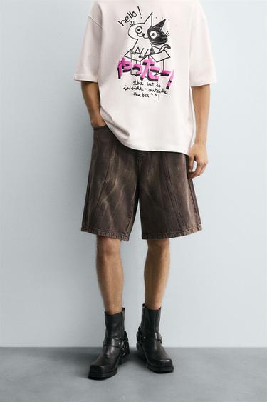 BAGGY FIT DENIM BERMUDA SHORTS - Brown by Zara