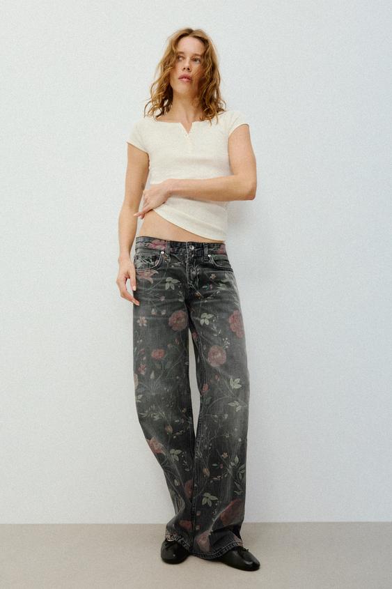 JEANS TRF LOOSE FOLDED TIRO BAJO FLORES - Negro de Zara - Imagen 0