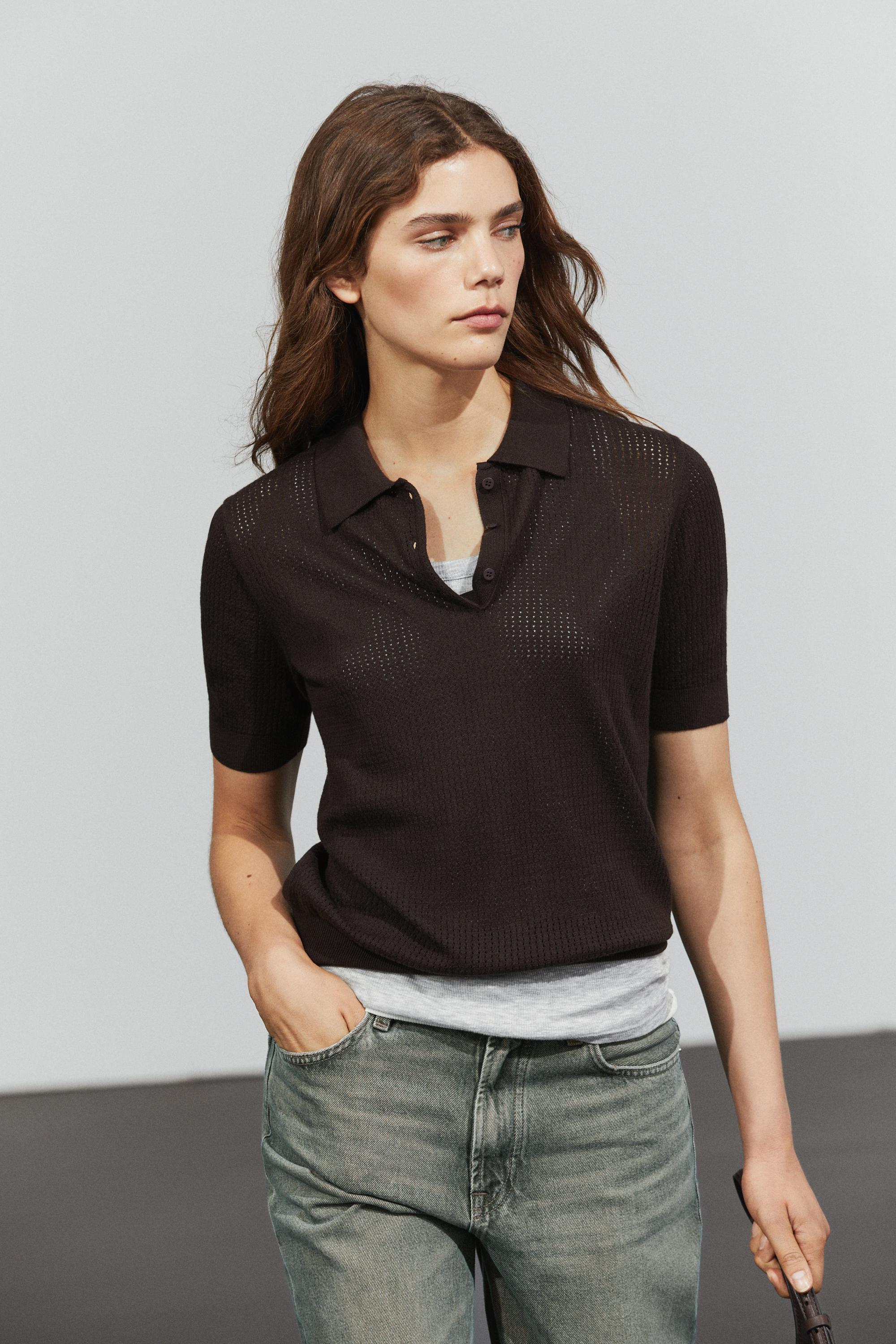 Cotton blend open-knit polo shirt — Brown