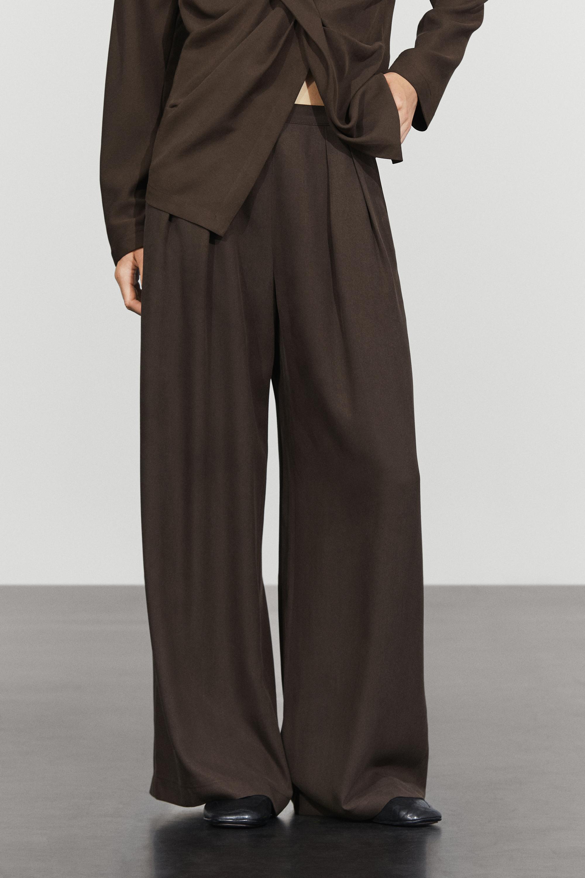 Flowing wide-leg pants with dart detail — Brown