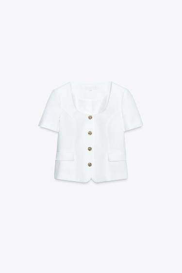 VESTE MANCHES COURTES ENCOLURE CARRÉE - Écru de Zara - Image 3