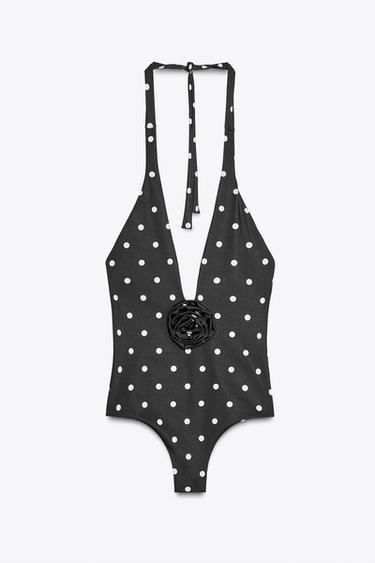 Zara HALTER POLKA DOT RAISED FLORAL SWIMSUIT - Black