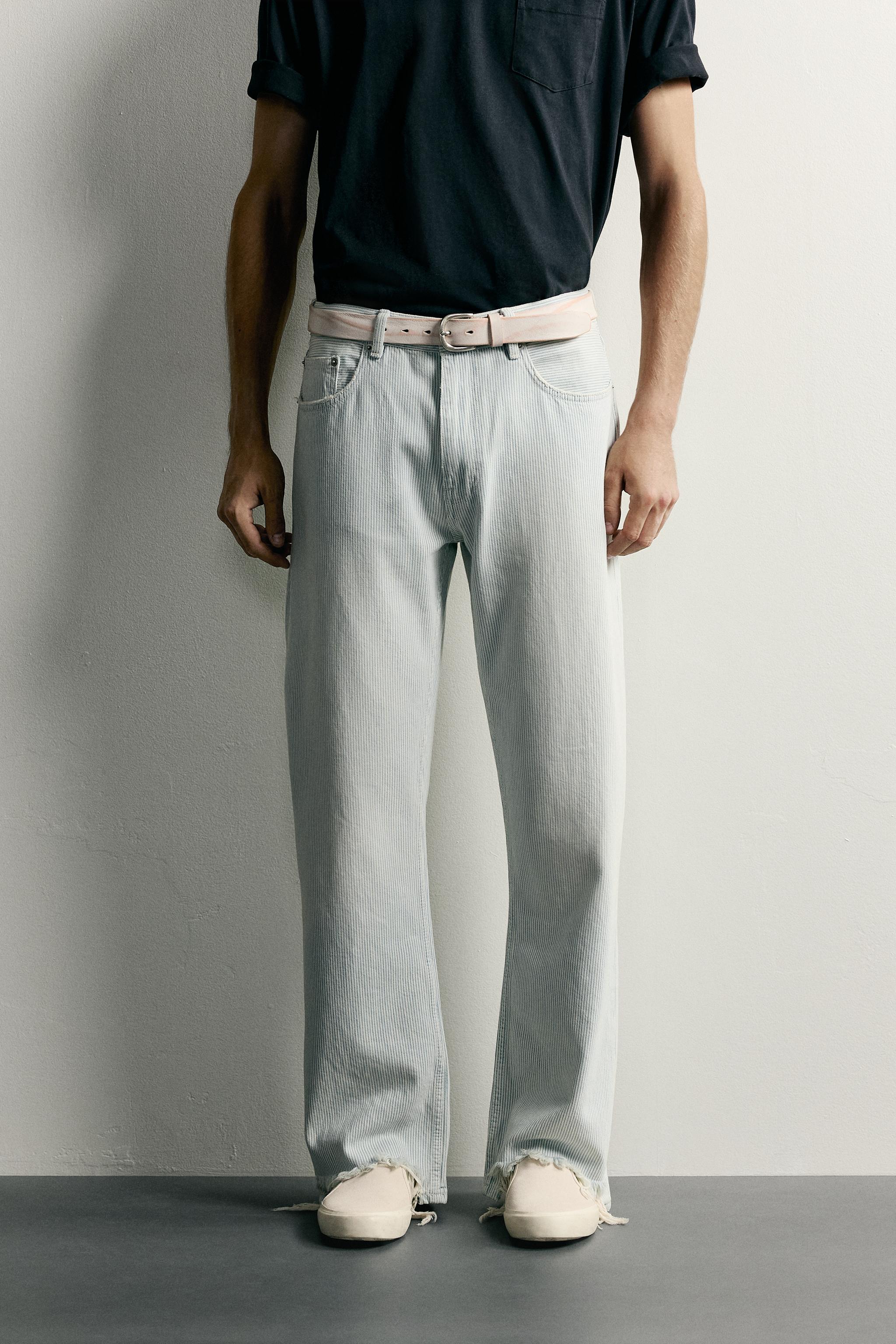 WASHED STRIPED FLARE TROUSERS — Faded sky blue