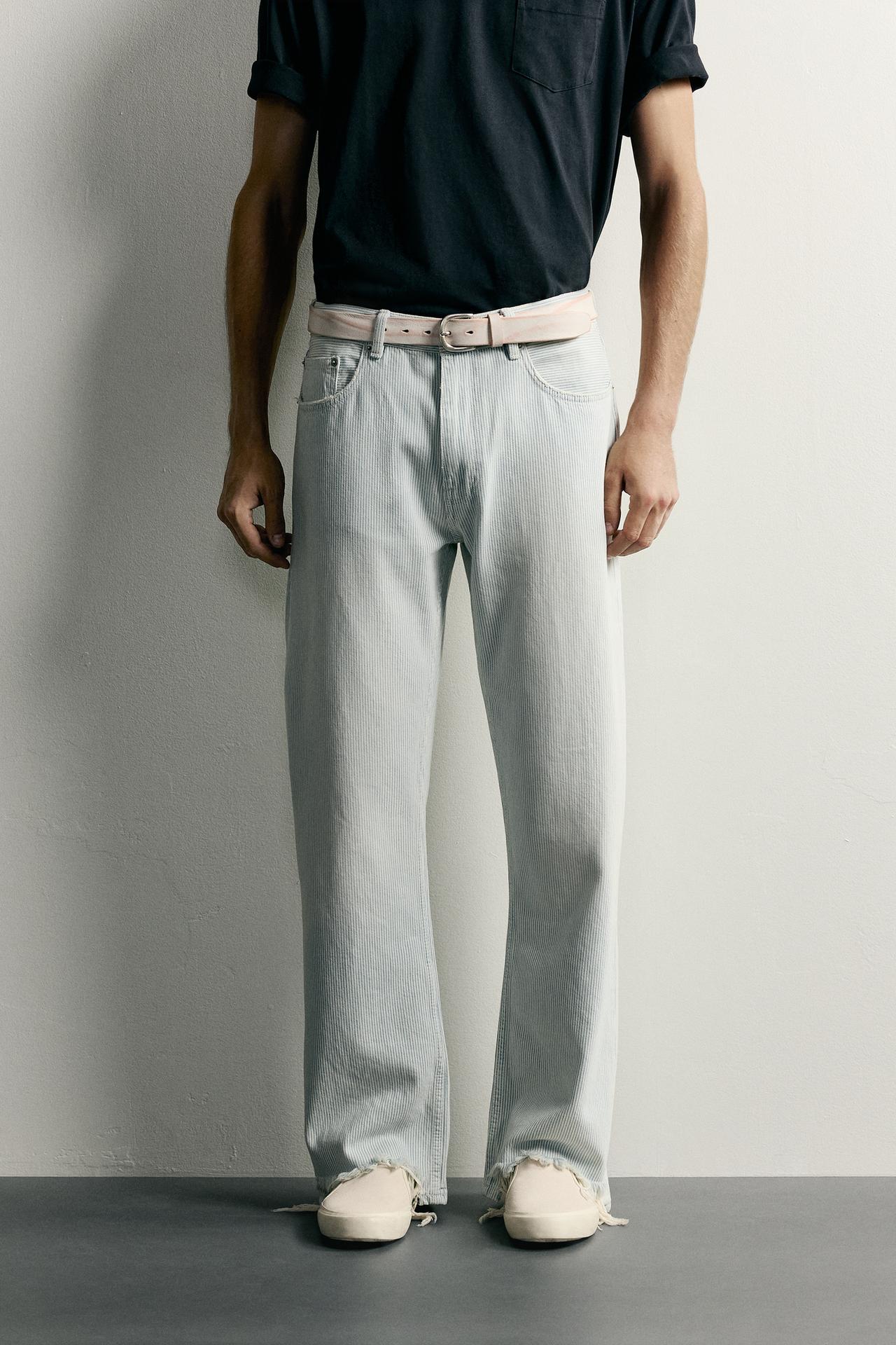 WASHED STRIPED FLARE TROUSERS — Faded sky blue