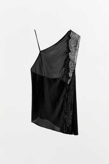 TOP SATINADO ASIMÉTRICO ENCAJE - Negro de Zara - Imagen 0