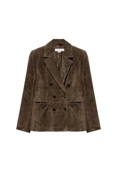 100% LEATHER SUEDE DOUBLE-BREASTED BLAZER - Khaki by Zara