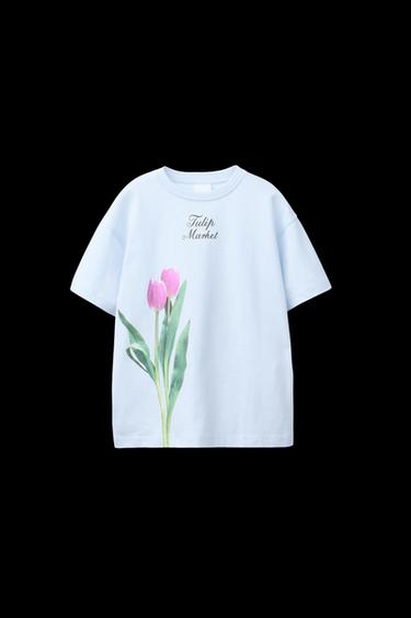 CAMISETA ESTAMPADO FLOR - Celeste de Zara - Imagen 0