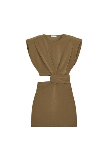 Front view of a brown dress with a sleeveless design and knot detail at the waist.