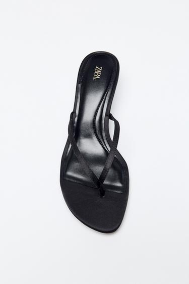 Zara SATIN KITTEN HEEL SANDALS - Black