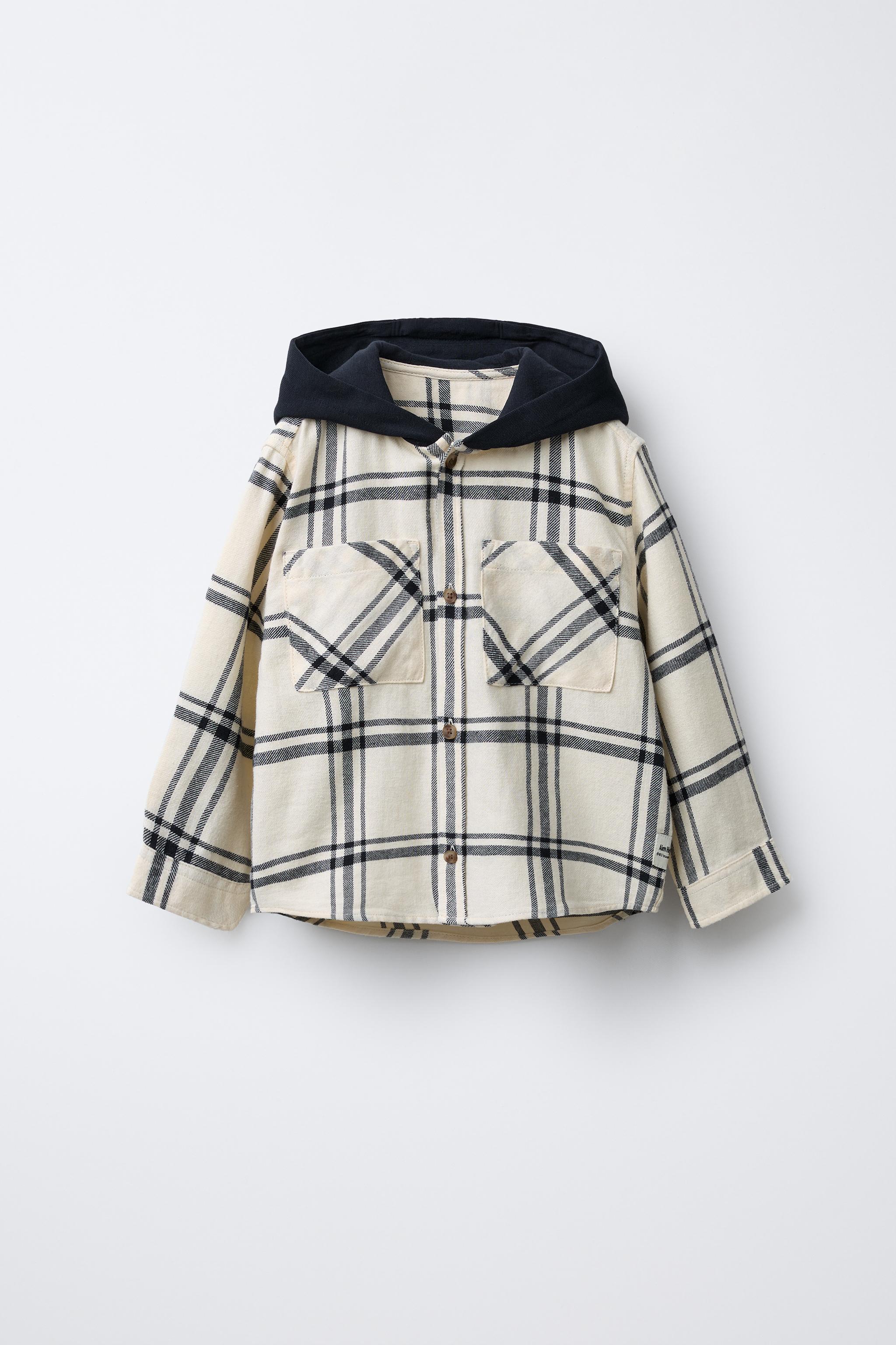 CHECK HOODED SHIRT WITH FLEECE - Ecru / Black | ZARA Georgia